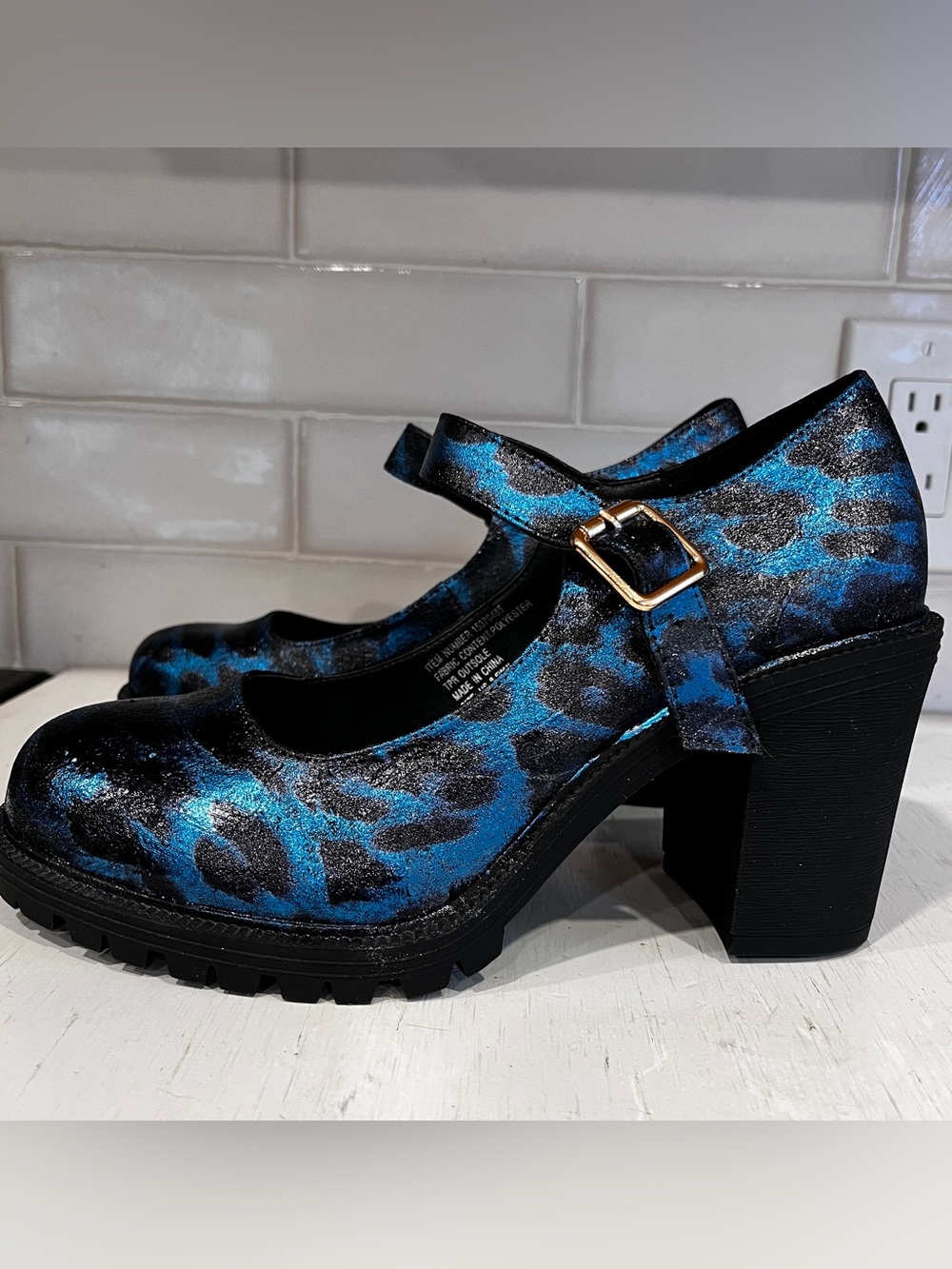 Unique Custom Foil Blue Black Leopard Torrid Mary Jane Heels size 8.5 Wide - Picture 12 of 12